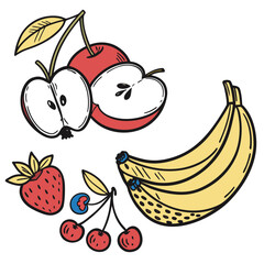 Set of colorful fruits and berries including cherries apple banana strawberry orange and other fresh healthy icons