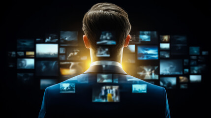 Man is wearing a suit and standing in front of a computer monitor with many images on it. The images are blurry