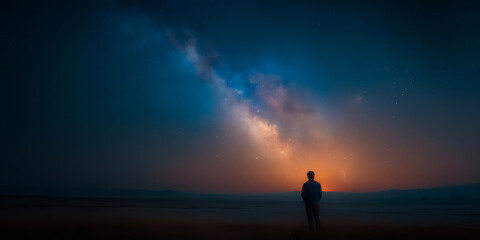 Obraz premium Man stands on a beach at night, looking up at the sky. The sky is filled with stars and a large, glowing moon