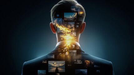 Man's head is made up of many different images, including a sunset and a cityscape. Scene is one of creativity