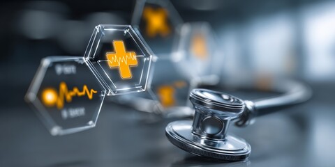 Medical device with a heart symbol on it. The device is surrounded by other symbols and is on a table