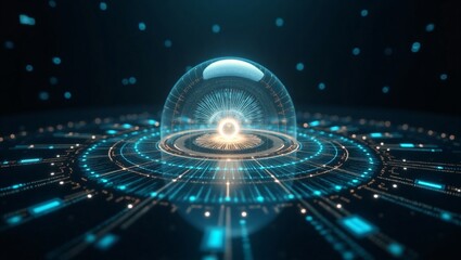 A glowing energy core encased in a glass dome on a futuristic, circular high-tech interface.