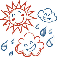 Sun and clouds cartoon weather icon vector set with smiling sun and cloud illustration