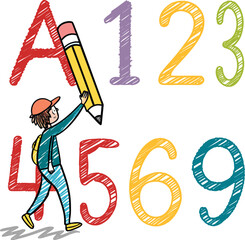 Back to school hand drawn alphabet doodle vector illustration design cartoon letters numbers typography set