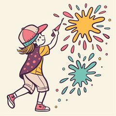 Girl wearing a hat holding flowers and a ball in cartoon vector illustration