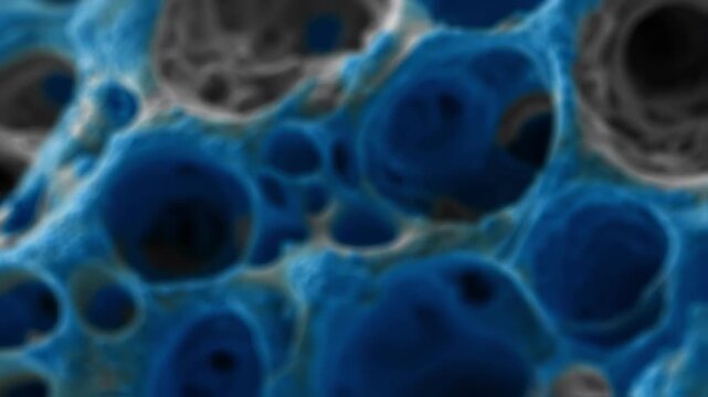 Highdetail view of interstitial spaces filled with shimmering blue fluid highlighting earlystage tissue edema effects.