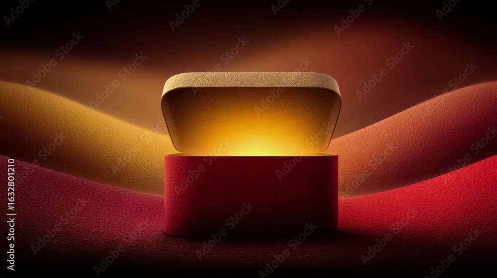 Poster red box with a yellow light inside of it. the box is on a red and orange background