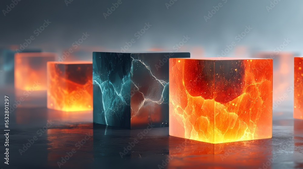 Poster row of cubes with one of them being red and the other two being blue. the cubes are lit up and appea