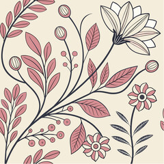 Seamless floral pattern with leaves flowers vintage nature design texture background wallpaper spring summer autumn textile ornament vector illustration