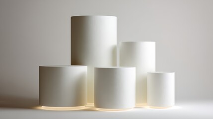 Row of white cylinders, each one slightly larger than the one before it. The cylinders are arranged in a neat stack