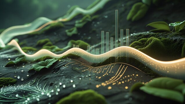 Luminous data streams and holographic charts flow across a detailed, organic green landscape, blending nature and technology.