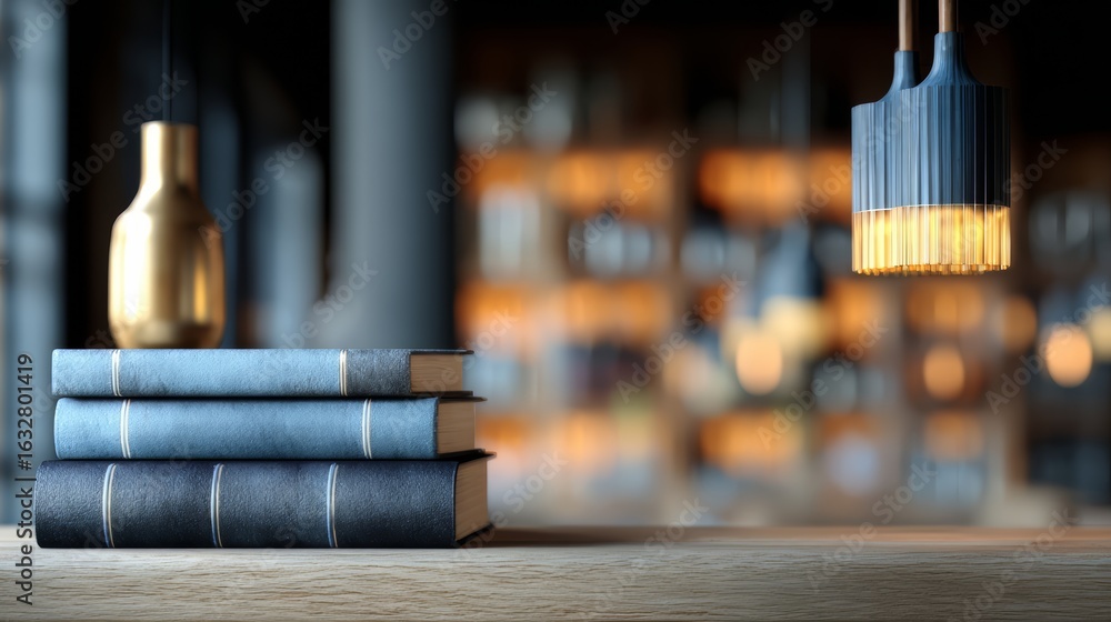 Poster stack of books on a table with a lamp above them. the books are blue and the lamp is yellow