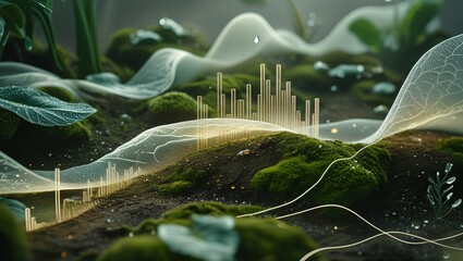Ethereal data visualizations with glowing bar graphs and flowing lines rise from a lush, mossy landscape.