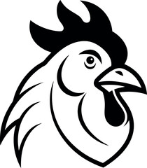 Stylized Rooster Head Illustration – Bold Black and White Farm Animal Vector with Feather Detail