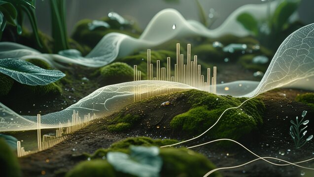 Ethereal data visualizations with glowing bar graphs and flowing lines rise from a lush, mossy landscape.