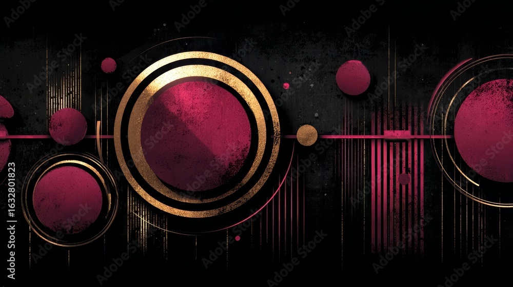Poster black and gold background with a series of red circles. the circles are of varying sizes