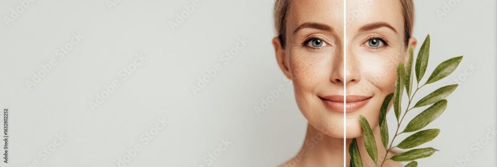 Poster natural skin transformation shown in split layout with balanced visuals and text space, emphasizing 