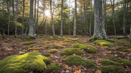 Obraz premium Sunlight streams through a forest with patches of moss.