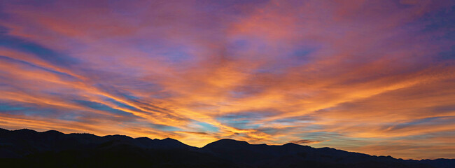 Panorama of horizon with clouds, sky at sunset, sunrise
