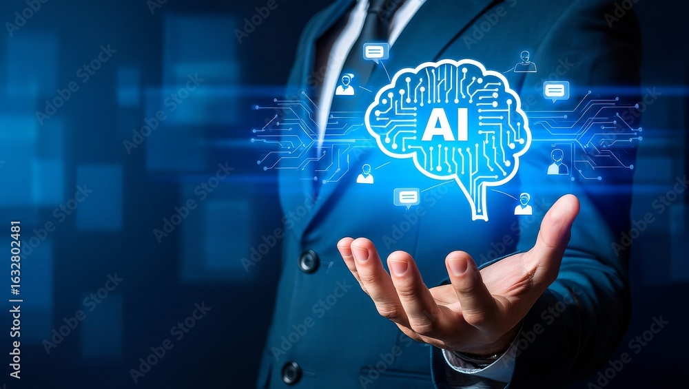 Aufkleber artificial intelligence ai technology concept with brain circuit and businessman hand