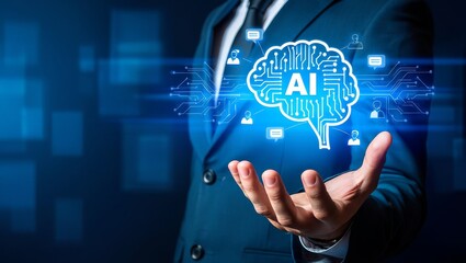 Artificial intelligence ai technology concept with brain circuit and businessman hand