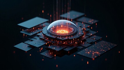 An advanced technological device features a glowing orange core beneath a transparent dome, with light beams and sparks rising.