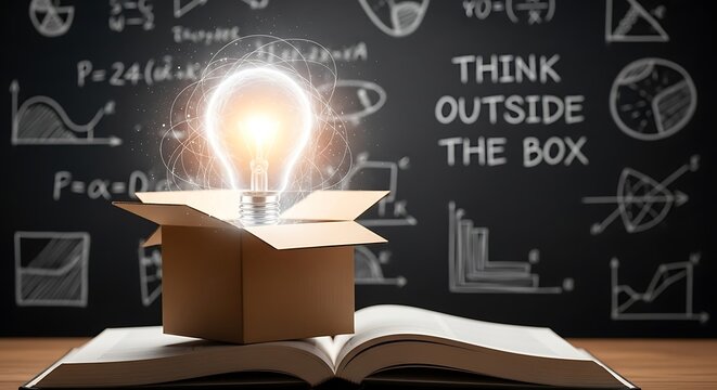 Luminous light bulb emerging from a cardboard box on an open book against a blackboard with "Think Outside The Box" and equations.