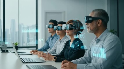 Diverse business team uses virtual reality headsets in a modern office meeting - Powered by Adobe