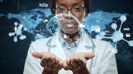 African American Doctor Presenting Global Digital Interface in Blue World Map Background - Powered by Adobe