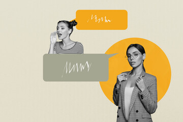 Banner pop collage of people speaking sharing comments textbox on khaki color background