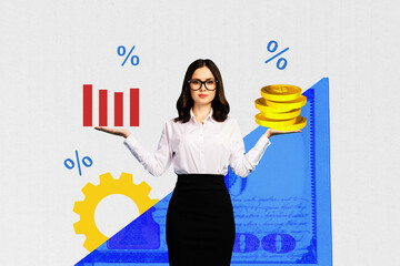 Full 3d artwork trend collage of happy businesswoman stand dollar coin income chart development...