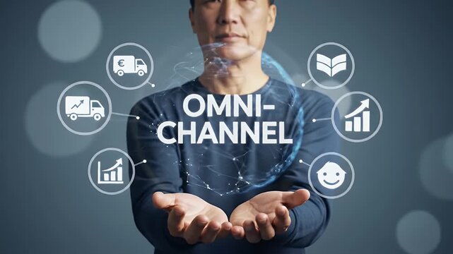 Asian Man Presenting Omni Channel Concept with Digital Icons on Grey Background