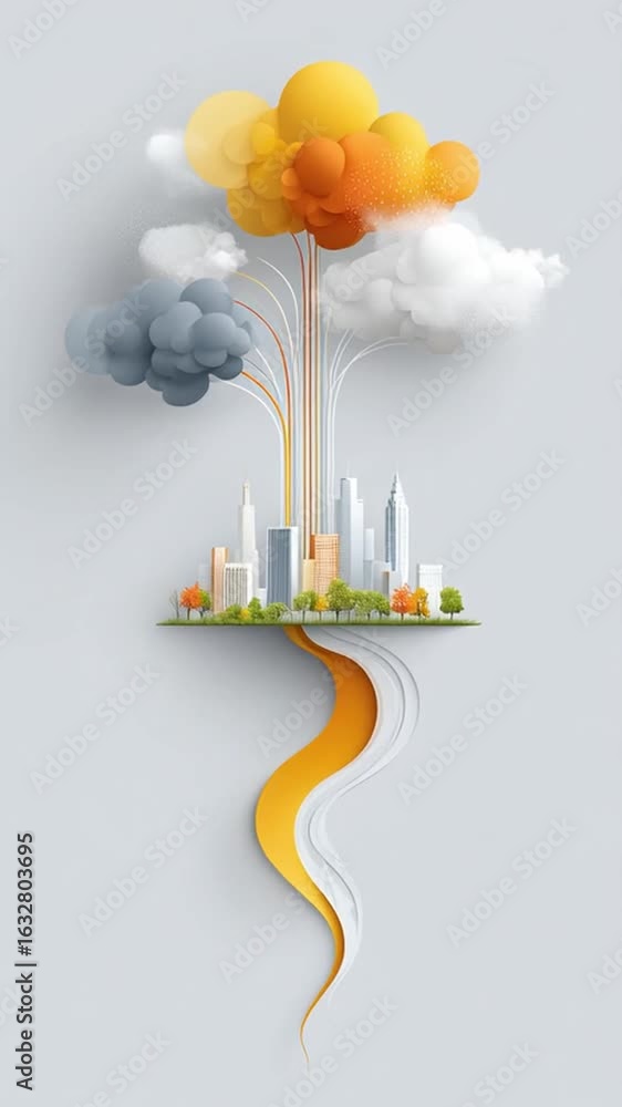 Poster creative vertical city design with colorful clouds and flowing elements for modern illustrations and