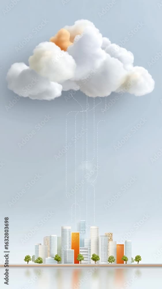 Poster vertical flat design illustration of a modern cityscape with clouds and architecture elements in a c