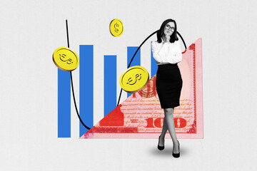 Banner artwork trend collage of happy businesswoman stand dollar coin income chart development...