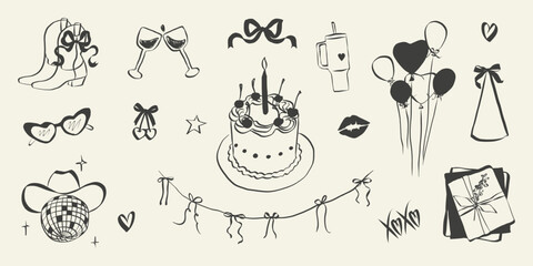Birthday party set in hand drawn coquette style. Whimsical chalk doodles for girls bachelorette. Crayon drawing for menus and invitations. Doodle cowgirl vector illustration