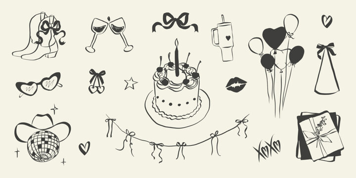 Birthday party set in hand drawn coquette style. Whimsical chalk doodles for girls bachelorette. Crayon drawing for menus and invitations. Doodle cowgirl vector illustration