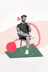 3D collage poster template trend artwork sketch of young man sit armchair hold smartphone digital addicted metal chain internet remote