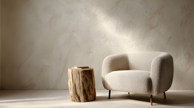 Round armchair in a room minimalist design. 3d interior home living space. Beige Odette armchair with wooden stump background