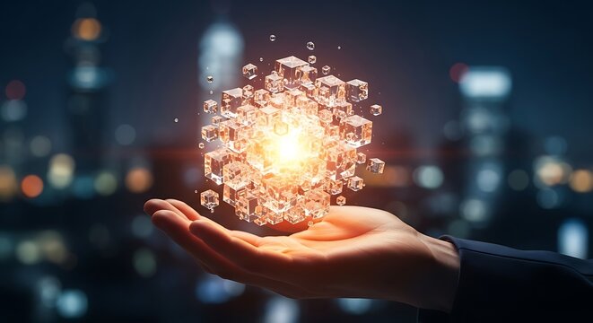 Hand holding a floating cluster of glowing, interconnected glass cubes over a blurred city nightscape