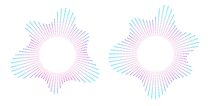 Sound equalizer icons with lines and dots, gradient neon circular sound wave frames, abstract radial music icons. Audio beat symbol concept isolated on white. Vector illustration.