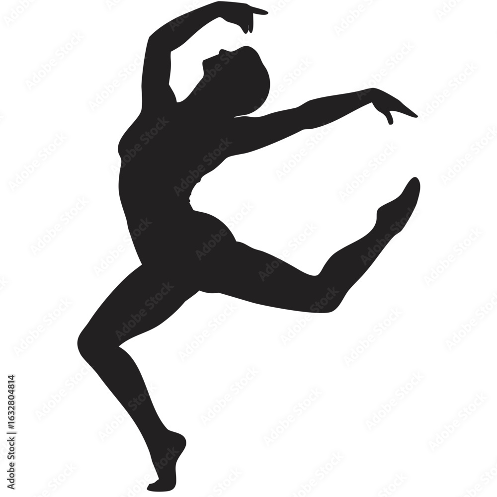 Poster silhouette of a dancer in mid air with arms extended and one leg raised in a dynamic pose on white c