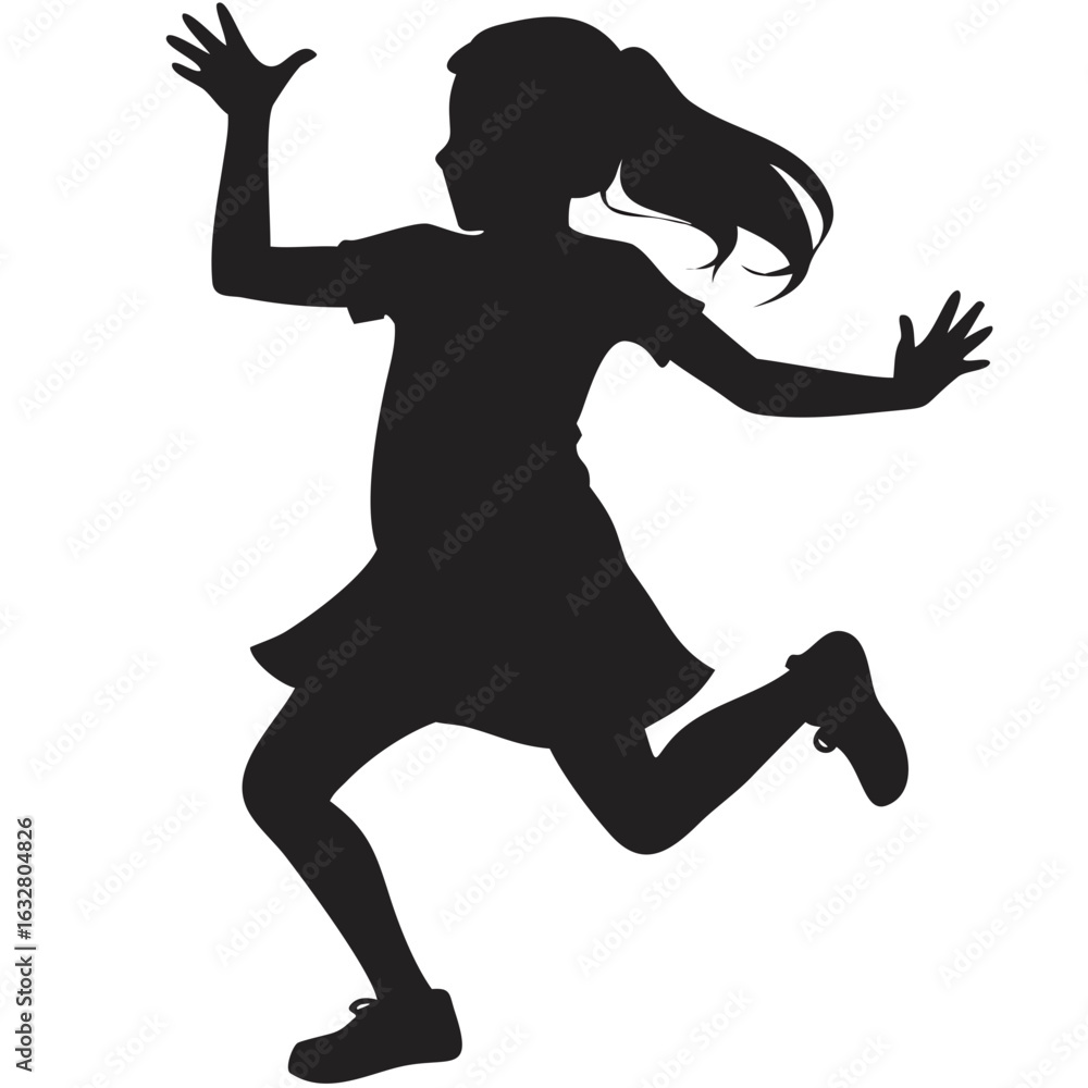 Poster silhouette of a girl with a ponytail running with arms raised in a joyful and playful manner image c