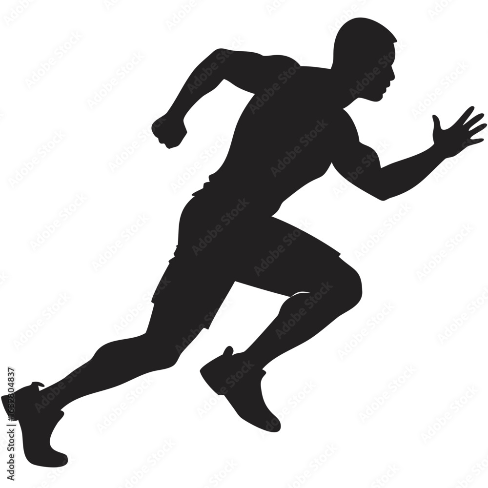 Poster silhouette of a man running at full speed with arms outstretched and legs in motion on a white backg