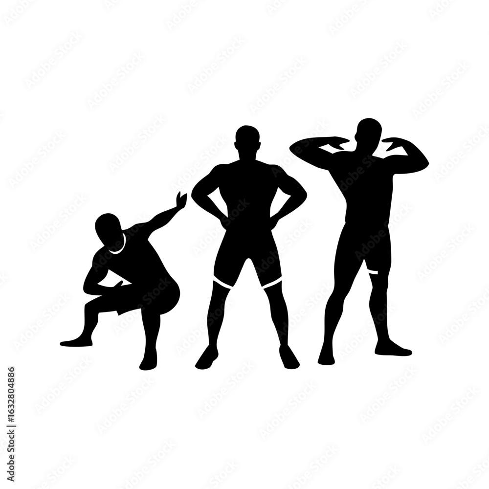 Poster three silhouetted figures in athletic poses displaying strength and flexibility on white background 