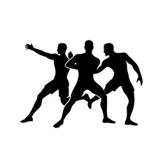 Obraz premium Silhouette of three athletes in motion, one with arm raised, in a black and white graphic image style created with generated ai