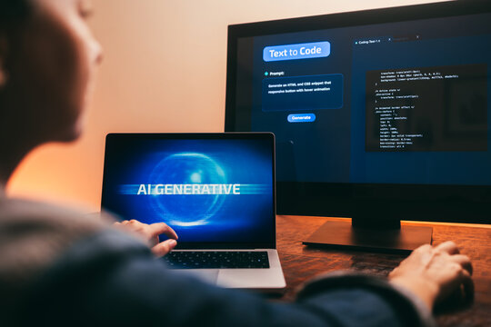 AI chat bot, Programmer using generative artificial intelligence for software development inside office. Virtual chatBot technology trend