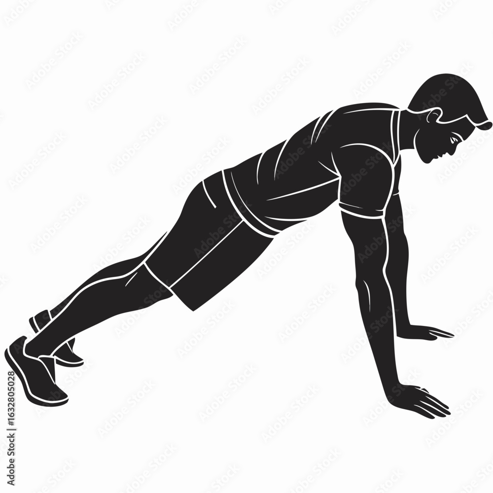 Poster illustration of a man doing a push up exercise with black silhouette on a white background design st