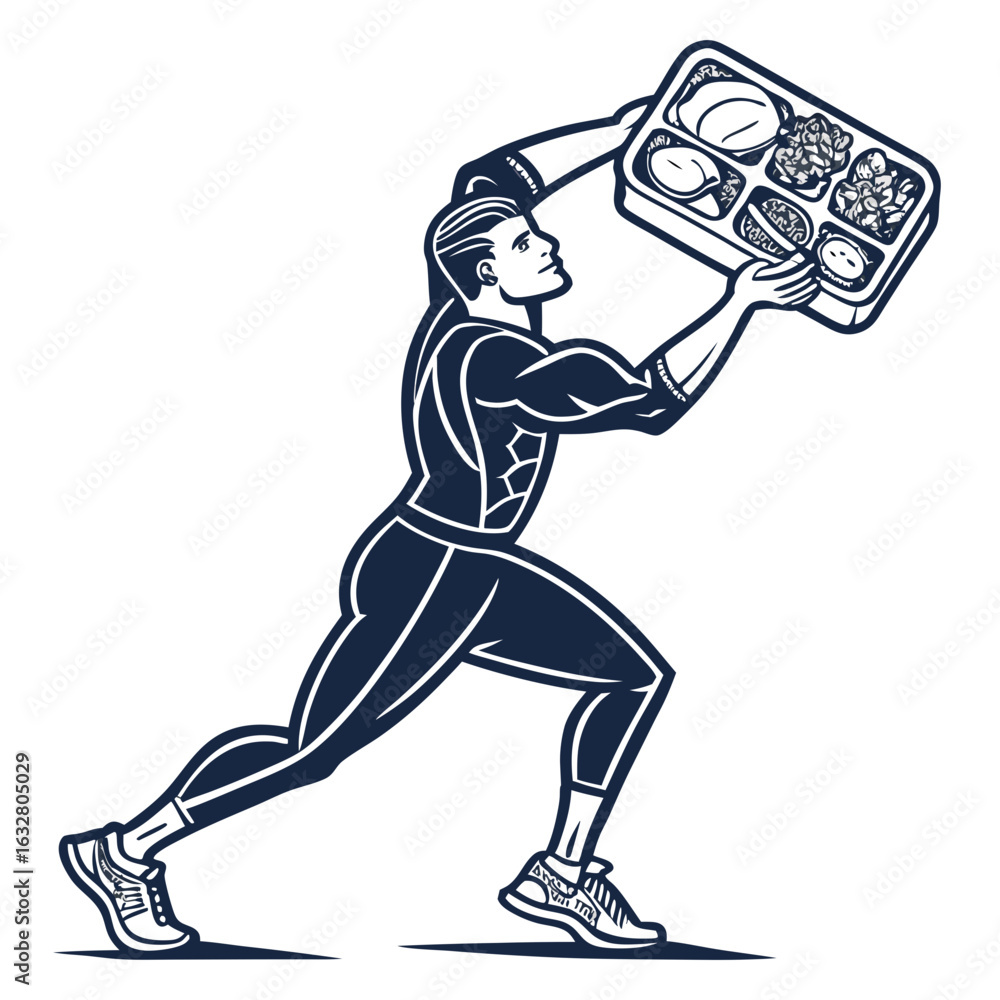 Poster illustration of a muscular man carrying a bento box with various food items in a dynamic pose design