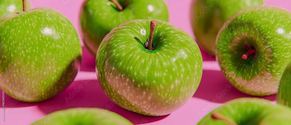 Poster a bunch of green apples are arranged in a row on a pink background. the apples are all different siz